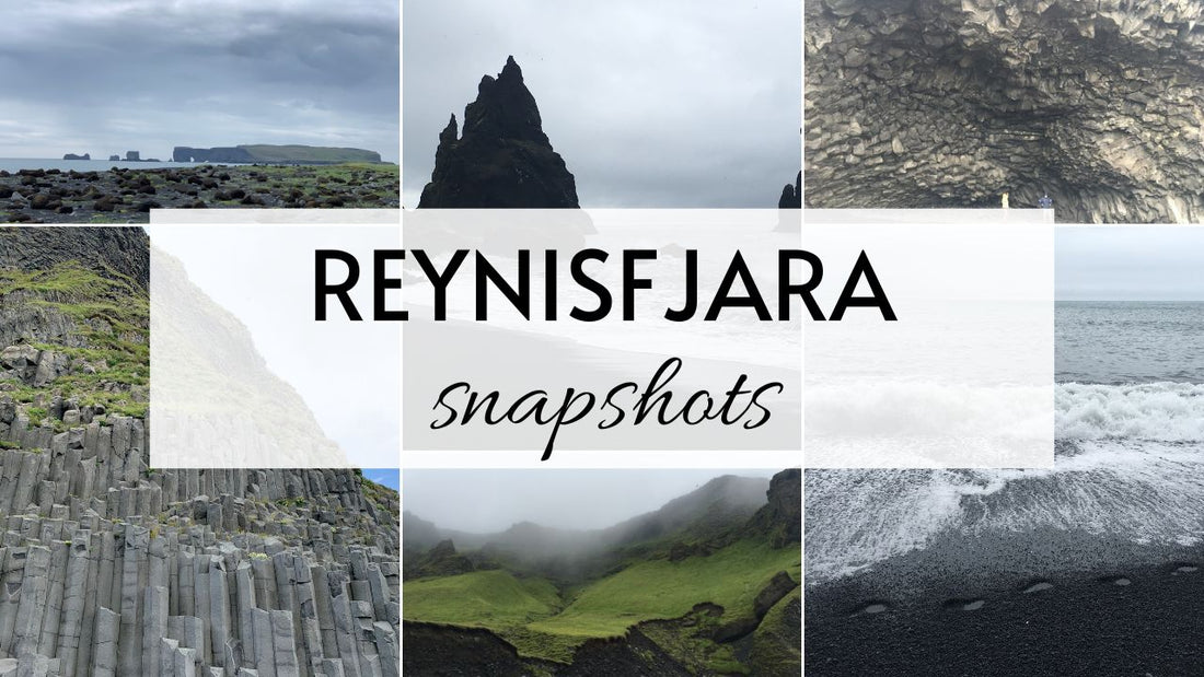 6 snapshots of viewpoints on Reynisfjara Beach in Iceland including the water, basalt sea columns, sea stacks and mountains